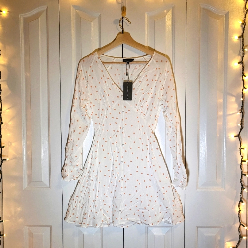 WEDNESDAYS GIRL White Pink Polka Dot Long Sleeve Dress Size XS